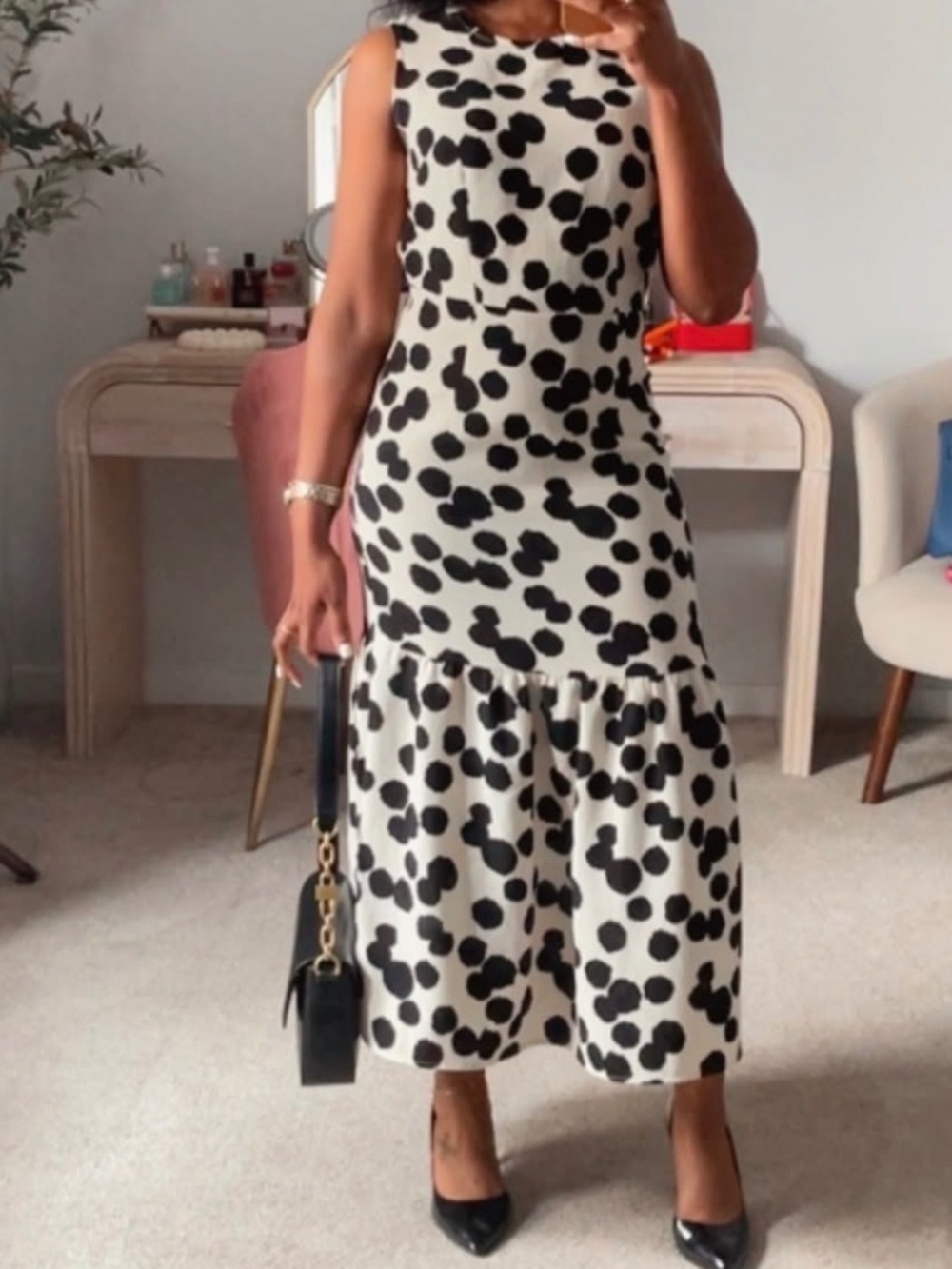Black-and-white polka dot midi dress